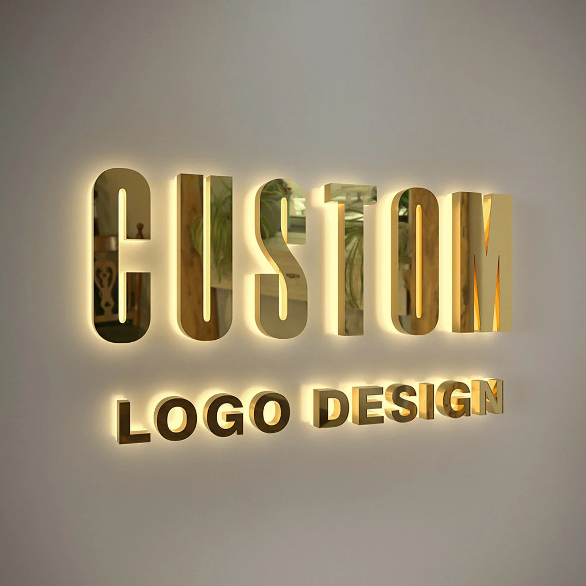 Reception sign featuring custom gold mirror letters with backlit halo effect in office interior