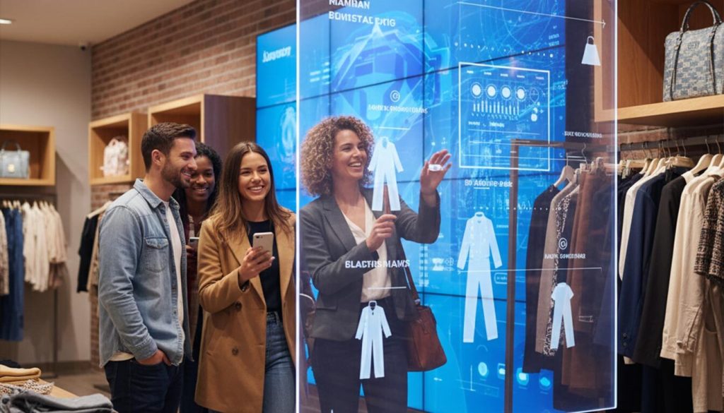 How personalised displays Drive Brand Loyalty in UK Retail Spaces 3 a modern UK retail space with brick walls and stylish clothing racks, a diverse group of shoppers interacts with advanced "personalised displays." A woman with curly hair gestures towards a transparent, holographic screen showing clothing options and data, while other customers look on, some holding smartphones, illustrating how interactive technology can "Drive Brand Loyalty.
