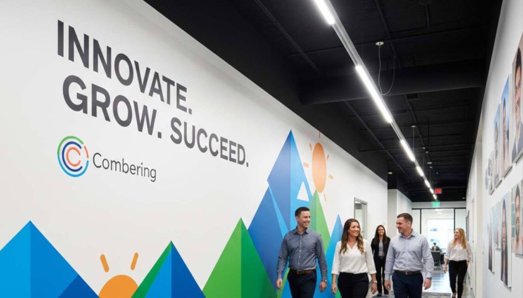 Benefits of Wall Graphics for Office Wall Branding 3 Office hallway wall branding with large text "INNOVATE. GROW. SUCCEED." and abstract mountain graphics.