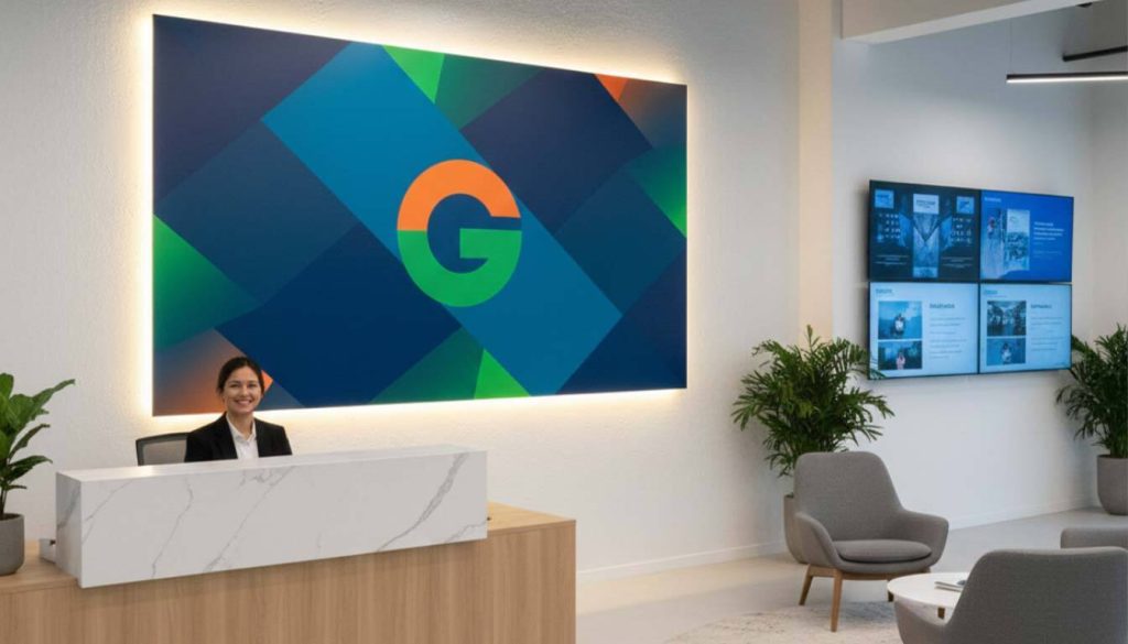 Benefits of Wall Graphics for Office Wall Branding 1 Office wall branding at a reception desk with a large backlit graphic featuring a corporate logo and abstract geometric design.