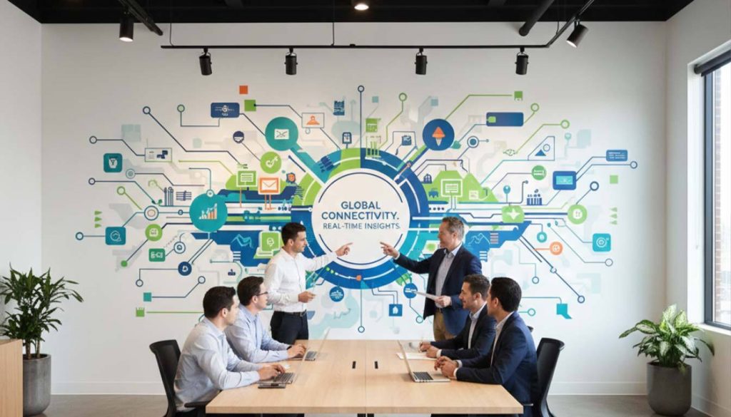 Benefits of Wall Graphics for Office Wall Branding 2 Meeting room with a large wall graphic showing a connectivity network and the text "Global Connectivity, Real-Time Insights."