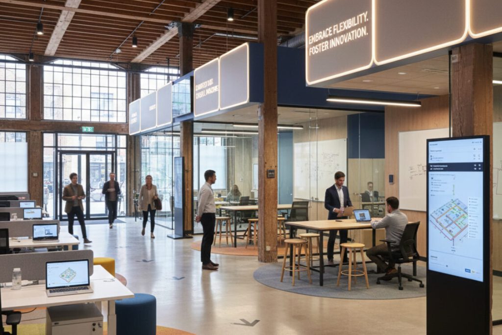 Hybrid Office Signage: Guiding Teams in Flexible, Modern Work Environments 1 (Flexible office workspace demonstrating bright, branded illuminated signage reinforcing culture and a digital kiosk for navigation.) hybrid office signage