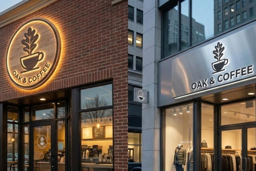 Multi‑Location Branding Signs: Ensuring Consistency Across Franchises and Retail Chains 1 (Comparison of two different storefronts using multiple logos for one brand to maintain a unified identity across various franchise locations.)