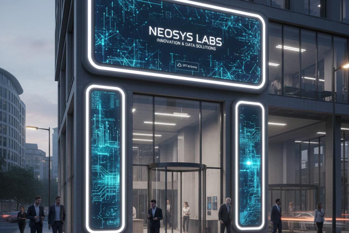 (Tech-enabled branding for Neosys Labs featuring a large illuminated digital sign with a circuit-style design technology logo and LED-lit vertical entrance panels.)