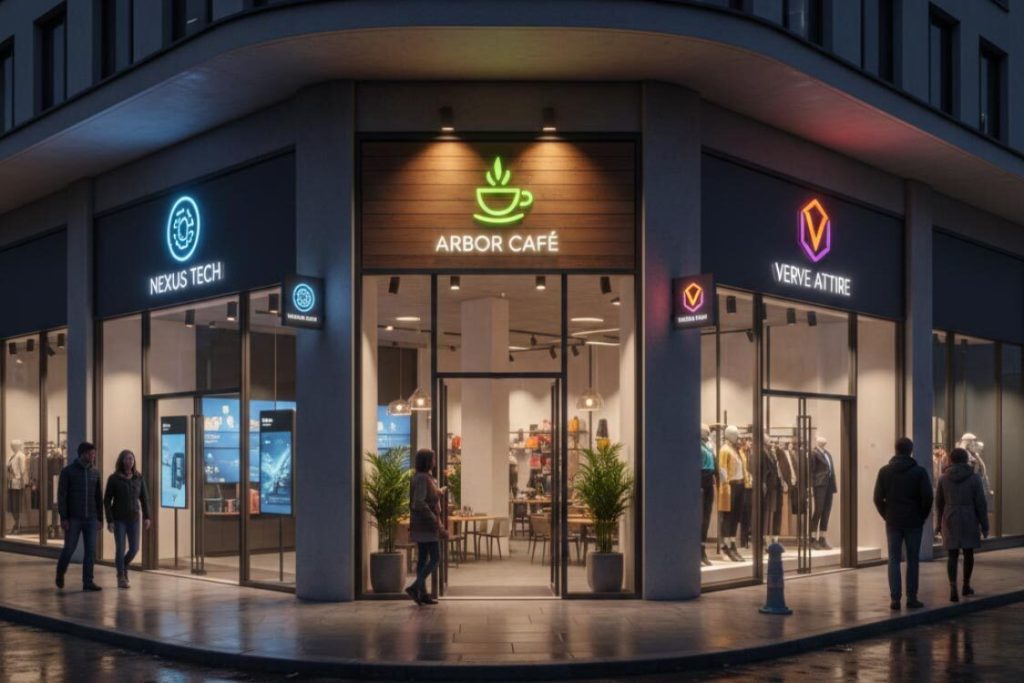 Multi‑Location Branding Signs: Ensuring Consistency Across Franchises and Retail Chains 2 (Modern corner building featuring multi-location branding signs for a café, tech shop, and clothing store to ensure brand consistency.)multi‑location branding signs