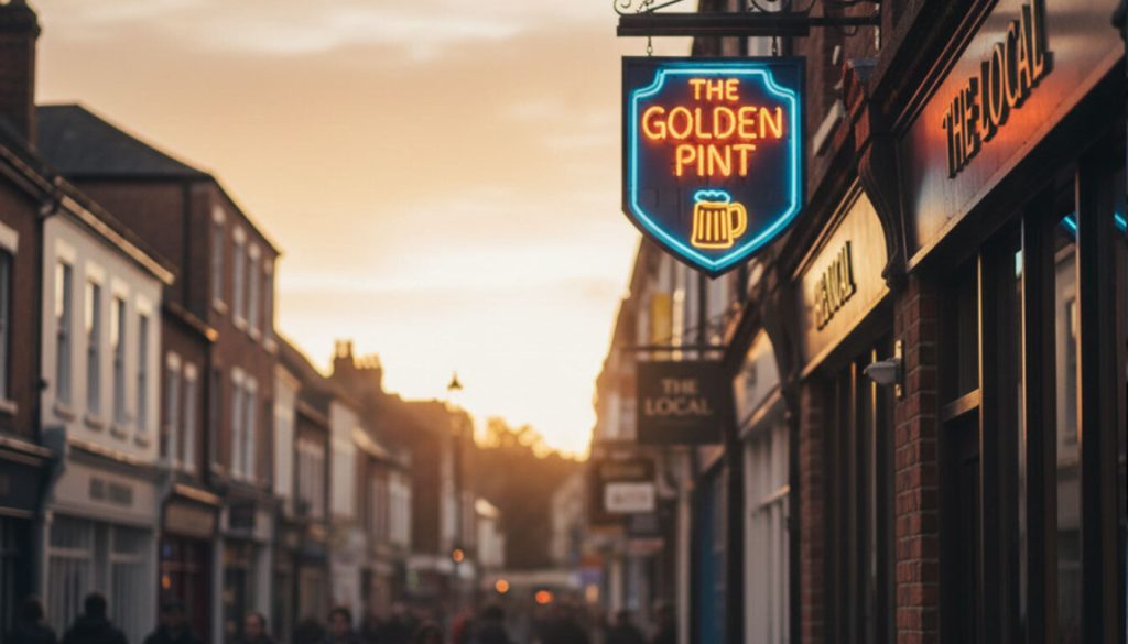 (A blue and yellow neon projecting sign for a local pub called The Golden Pint, demonstrating effective bar signage ideas for increasing nighttime visibility.) local signage