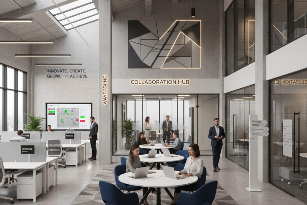 Hybrid Office Signage: Guiding Teams in Flexible, Modern Work Environments 10 (Hybrid office collaboration hub with graphic wall art and clear digital wayfinding signage for complex layouts.)