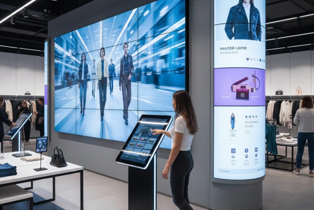 Digital Display Integration: How Smart Interior Signs Transform Customer Engagement 1 (Indoor digital display for shop with interactive kiosk and curved screen column enhancing customer engagement in a fashion retail environment.)