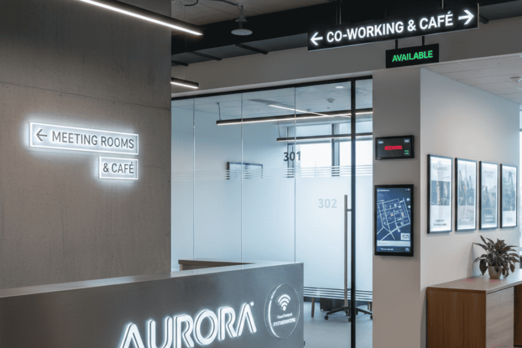 Office Interior Signage: Designing Workspaces That Inspire Productivity and Culture 2 (Reception area with illuminated 'Meeting Rooms & Café' and 'Co-Working & Café' directional signage.)