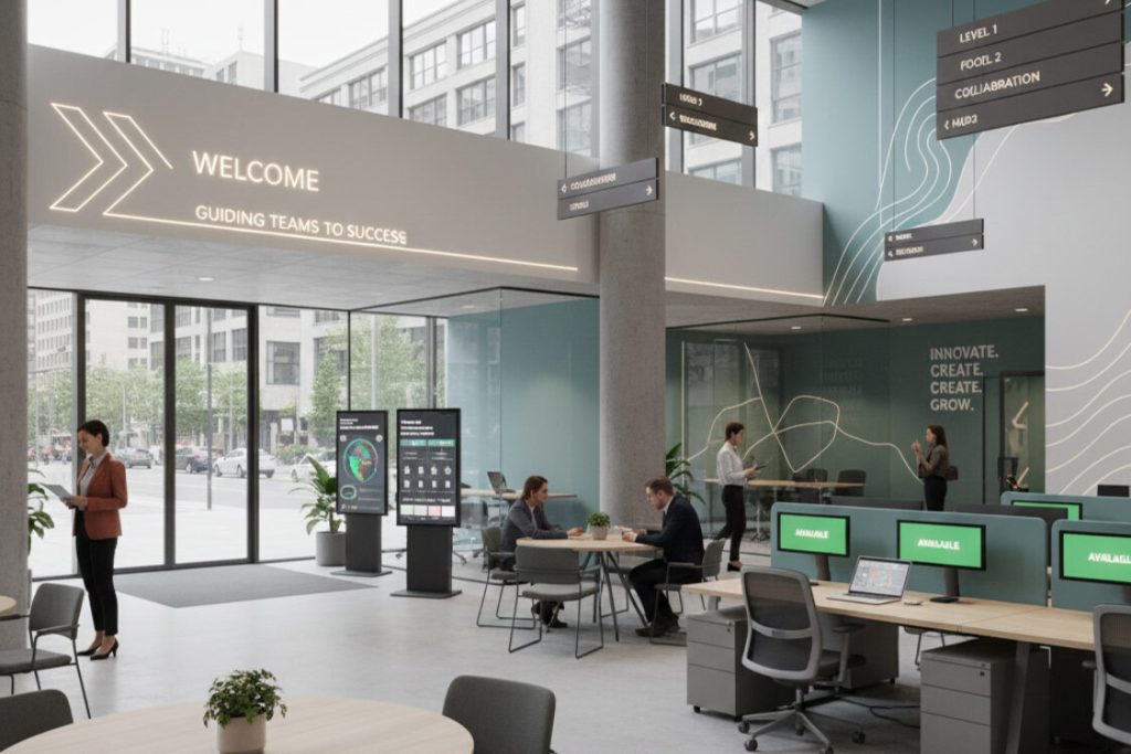 Hybrid Office Signage: Guiding Teams in Flexible, Modern Work Environments 2 (Modern office entry featuring prominent 'WELCOME' digital signage and overhead wayfinding arrows guiding teams to different levels.) hybrid office signage