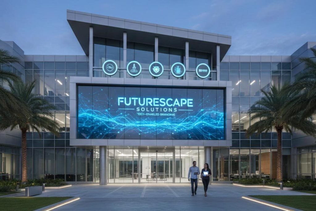 Tech‑Enabled Branding: The Future of Smart Exterior Signs for Businesses 2 (A modern commercial building demonstrating tech-enabled branding for tech companies with a massive digital facade displaying the Futurescape Solutions logo.)tech‑enabled branding