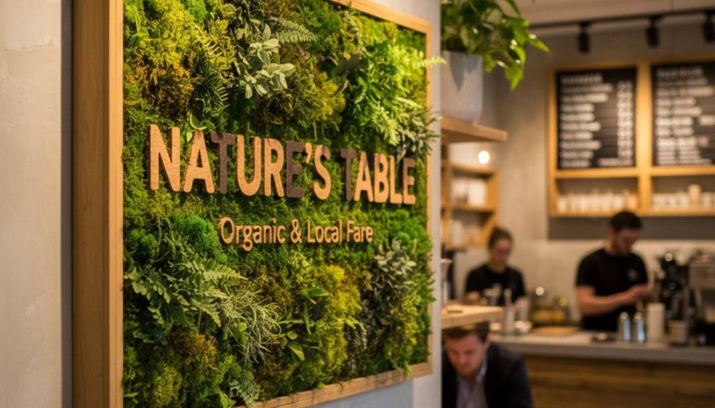 Sustainable Signage Solutions for Eco-Conscious UK Businesses 1 Interior green signage made of preserved moss and wood with Nature's Table and Organic & Local Fare text, showcasing natural materials.