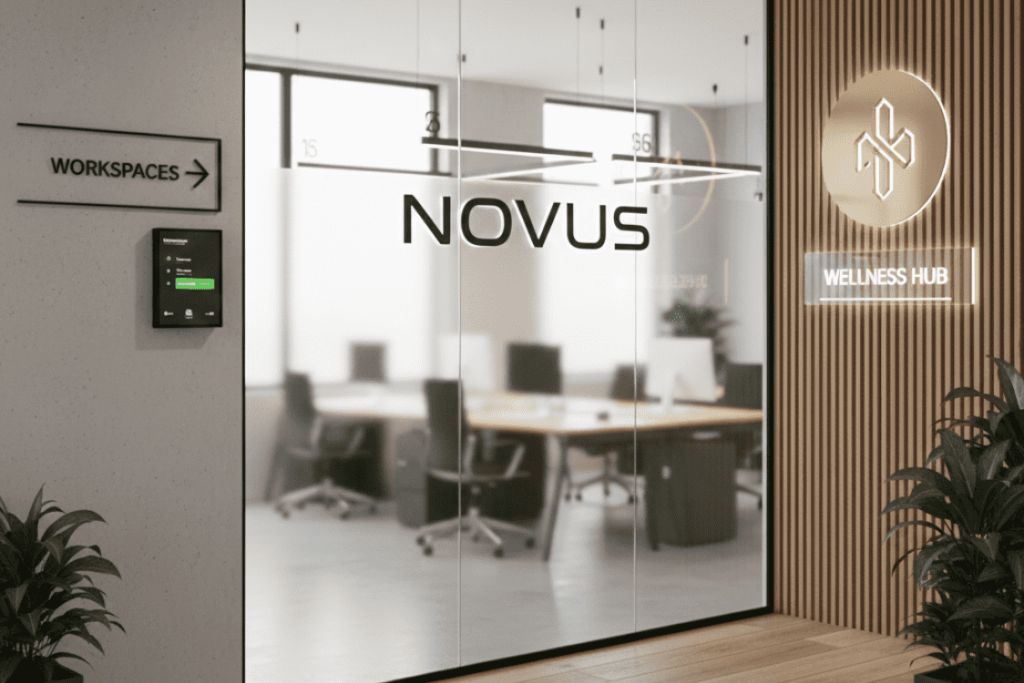 Office Interior Signage: Designing Workspaces That Inspire Productivity and Culture 1 (A glass-walled office with 'NOVUS' branding, a booking screen, and a 'Wellness Hub' sign.)office interior signage