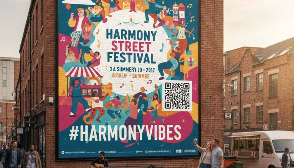 Billboard Marketing in the Digital Age: What Still Works? 2 Large, vibrant festival billboard on a brick wall, showcasing creative street advertising screens and event promotion.