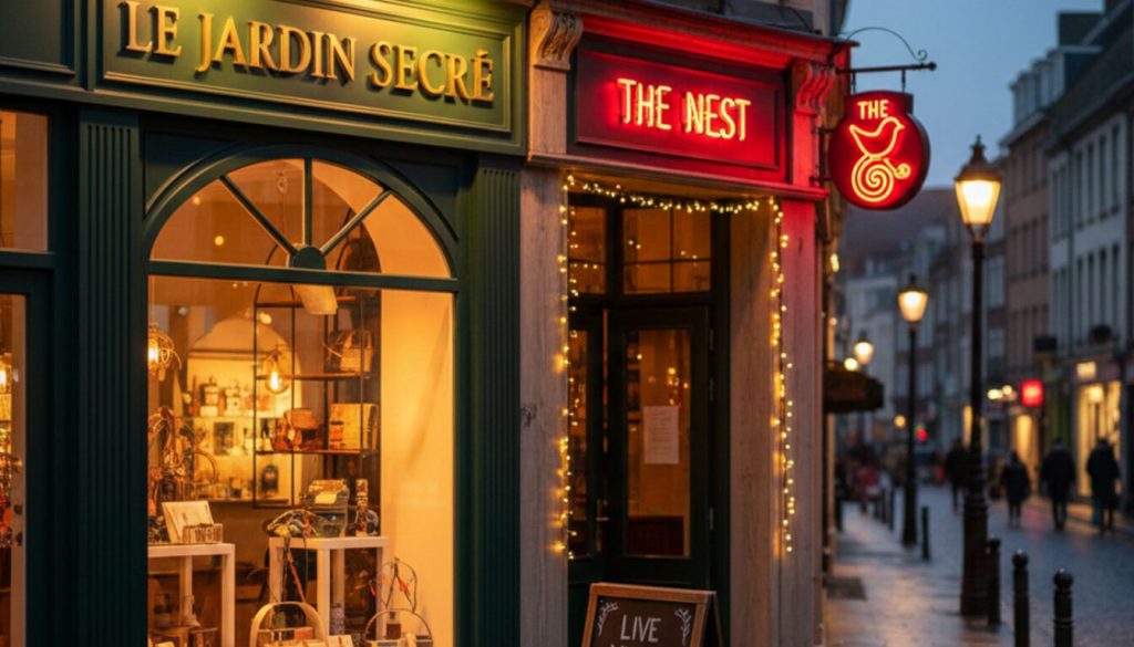 Local Signage That Builds Community Trust and Footfall 7 (Examples of elegant retail and bar signage on a high street featuring a traditional storefront and a red neon sign for a local bar called The Nest.)