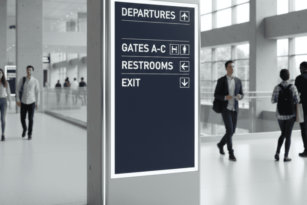 Smart Directional Signage for Public Spaces and Events 2 Modern directional sign with arrows and high contrast in a busy public space.
