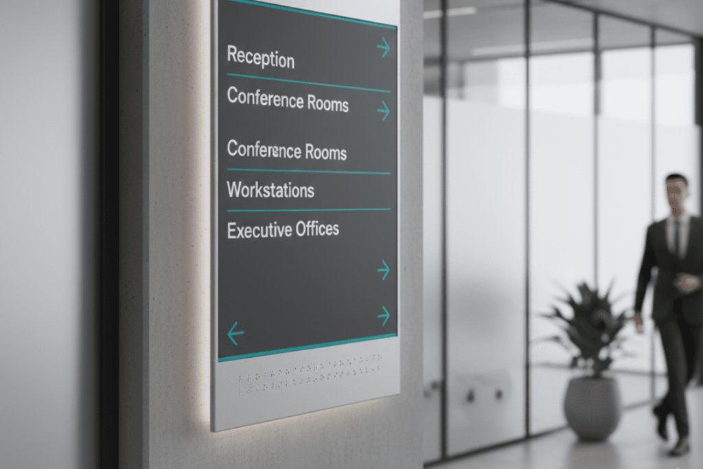 Smart Directional Signage for Public Spaces and Events 1 Professional illuminated directional signage in a corporate or modern building lobby.