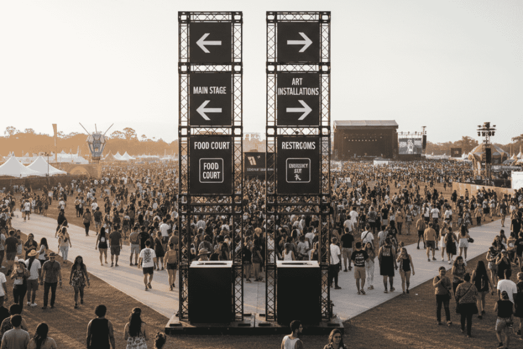 Smart Directional Signage for Public Spaces and Events 10 Clear wayfinding signage guiding pedestrian traffic flow in a large venue.