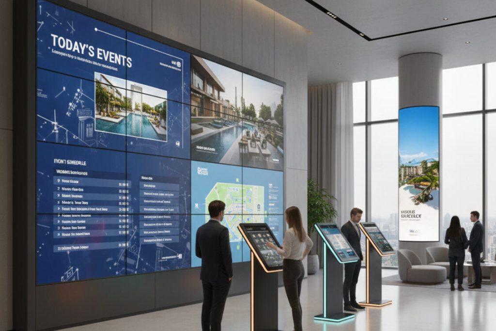 Digital Display Integration: How Smart Interior Signs Transform Customer Engagement 2 (Digital display integration in corporate lobby showing event schedule, wayfinding maps, and interactive kiosks for visitors)