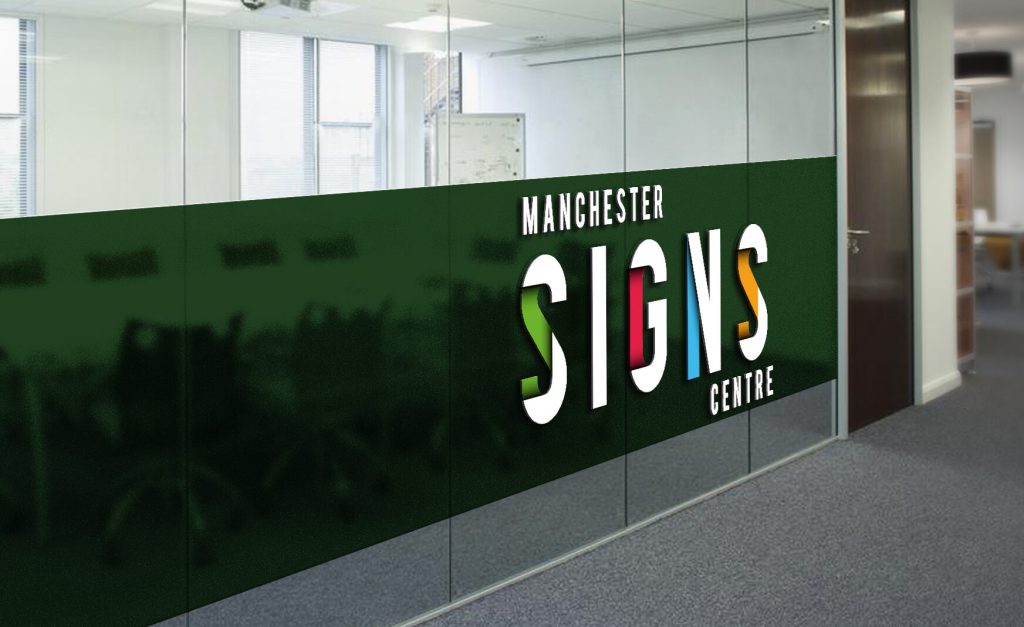 Office window frosting featuring branded Manchester Signs Centre logo on glass partition in a modern office interior