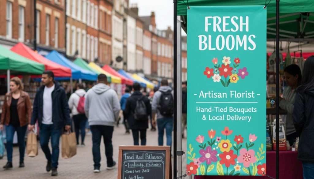 small business signs outdoor: Visibility on a Budget 1 (Market stall with a vibrant 'Fresh Blooms' banner and crowded street.)