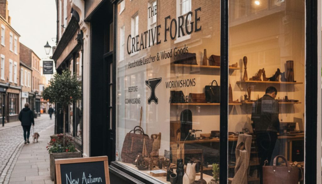 small business signs outdoor: Visibility on a Budget 2 (Street view of 'The Creative Forge' shop window with clear, custom glass signage.)small business signs outdoor