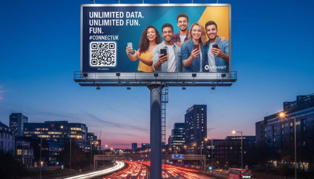 Roadside billboard at dusk over a busy highway featuring a group of smiling people using phones showcasing digital billboard advertising