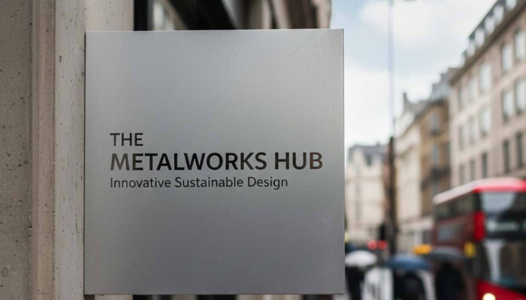 Sustainable Signage Solutions for Eco-Conscious UK Businesses 2 Sleek, silver-grey metal sign for The Metalworks Hub - Innovative Sustainable Design on a building exterior, suggesting durable, modern eco-materials.