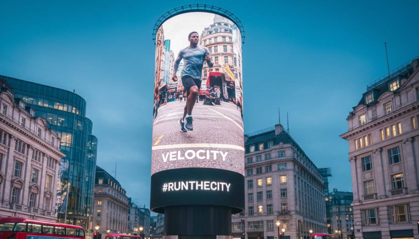 Towering digital billboard in a busy London square displaying a running man illustrating London billboard advertising
