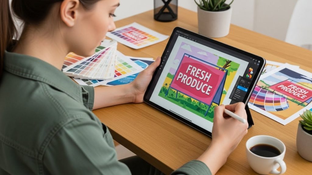 5 Creative Uses of Portable Outdoor Signage for Events & Businesses 2 Designer creating effective portable outdoor signage with bold colours and clear text.