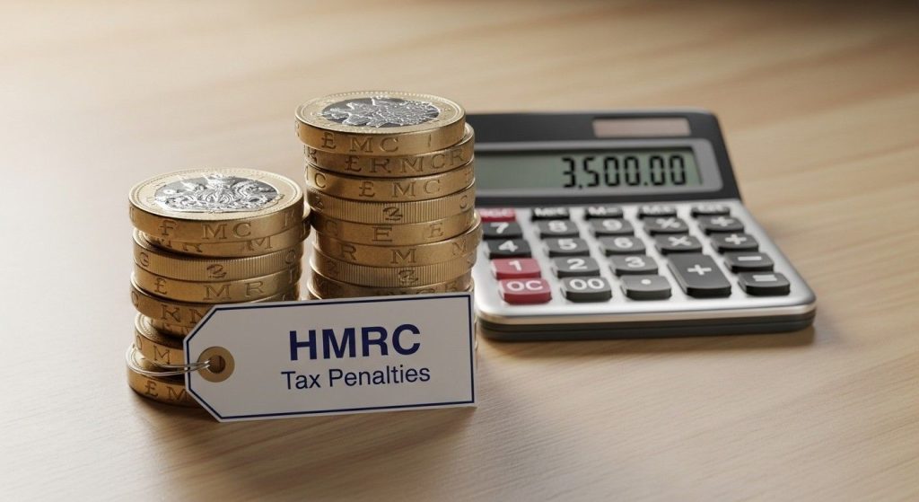 (Stack of coins and currency and a calculator beside them, for representing HMRC tax penalties.)voluntary disclosure HMRC