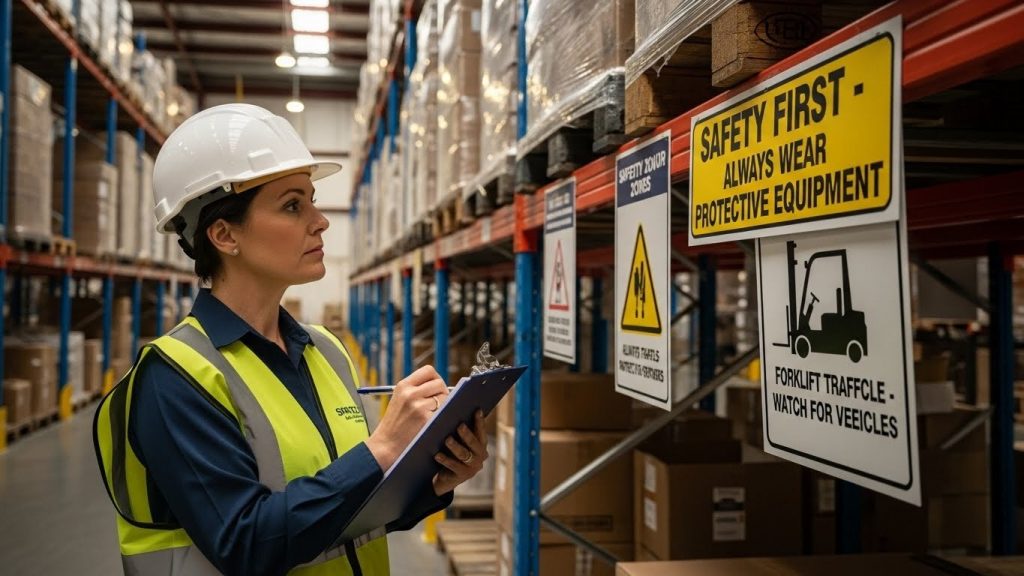 A Complete Guide to Choosing the Right Warehouse Signs 2 A warehouse supervisor is inspecting signs placed in the warehouse while holding a clipboard to ensure compliance and safety of operations.