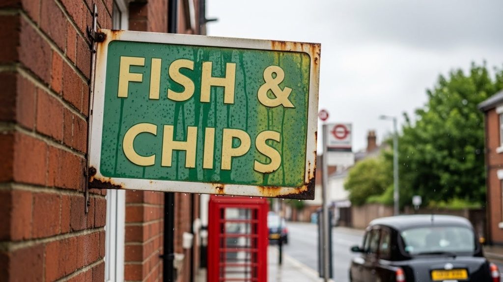 Common Outdoor Signage Mistakes Businesses Should Avoid 3 (Faded outdoor sign with poor colour contrast on UK street with wrong placement and unattractive design.)