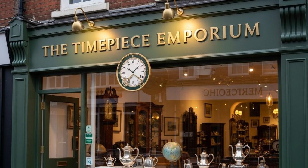 Personalised Signs That Make Your Business Stand Out in 2026 7 Customised business sign outside a modern UK shop of antiques with clear branding, logo and theme colours.