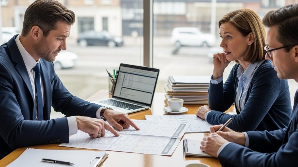 Tax advisor explaining tax records to a client during a discussion on HMRC audit.
