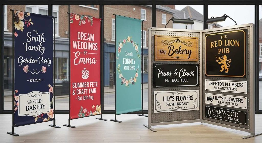 Personalised Signs That Make Your Business Stand Out in 2026 1 (Variety of UK personalised signs including banners, shop signs, and magnetic vehicle signs in a signage centre.)personalised signs