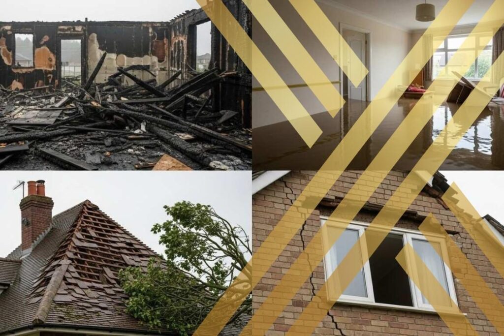 Collage showing different types of UK property damages including fire, flood, storm, and structural cracks.