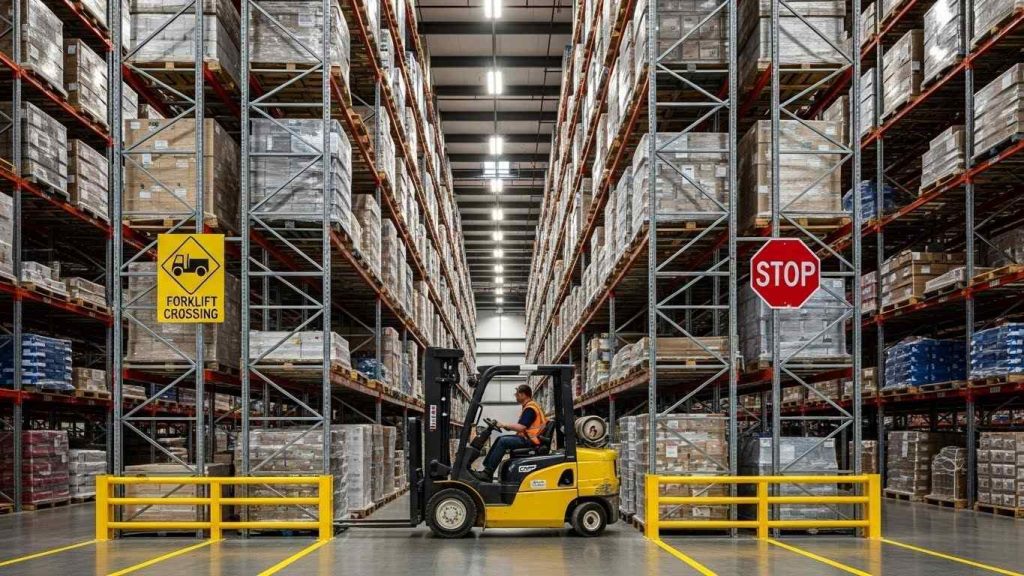 A large warehouse interior featuring forklifts navigating between tall racking systems. Safety signs and aisle markers are strategically placed throughout the space