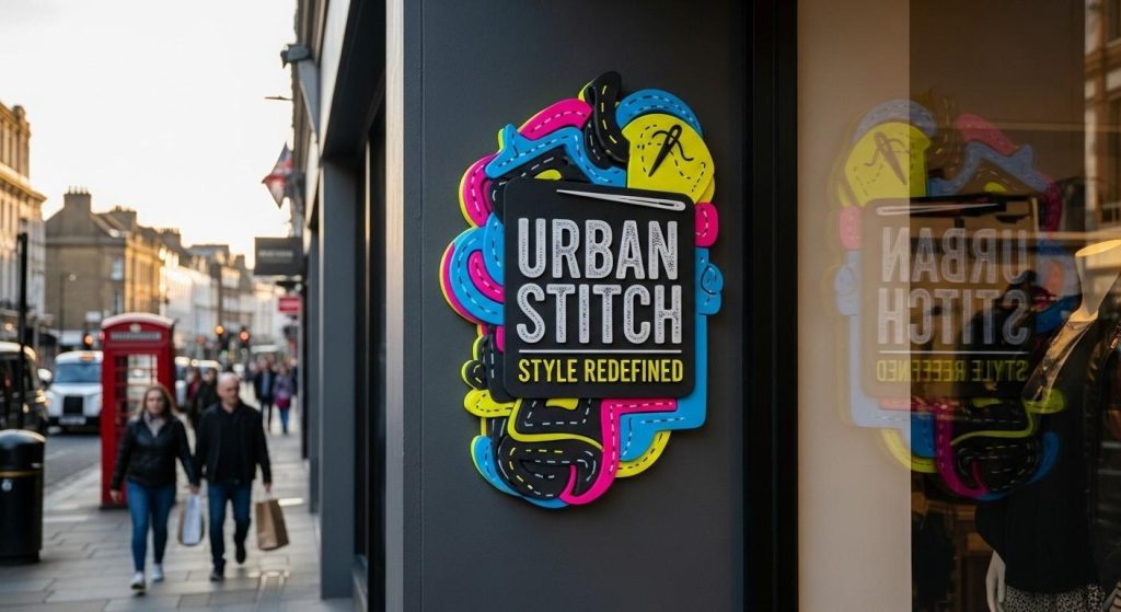 The Benefits of Plastic Signs for Small UK Businesses 6 PVC foam plastic sign of a clothing brand on a store with vibrant colours and custom design attracting the customers in a UK street.