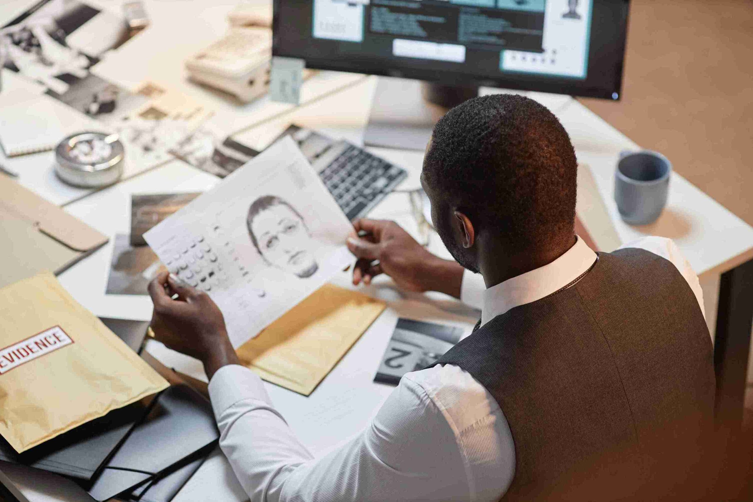 A man sits at a desk with a laptop and papers, focused on legal guidance for Home Office compliance and business protection