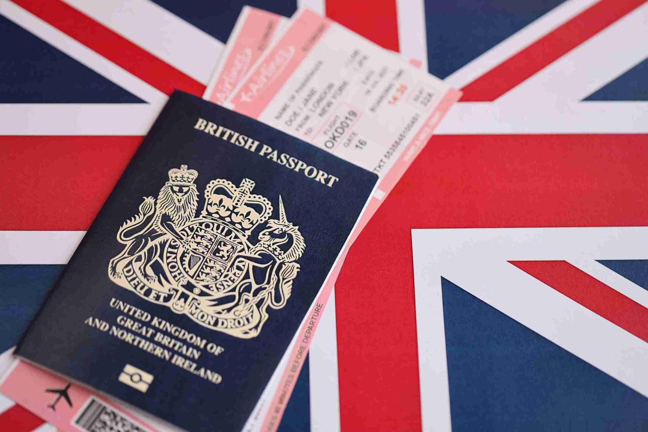 British passport resting on a British flag, symbolizing national identity and travel.