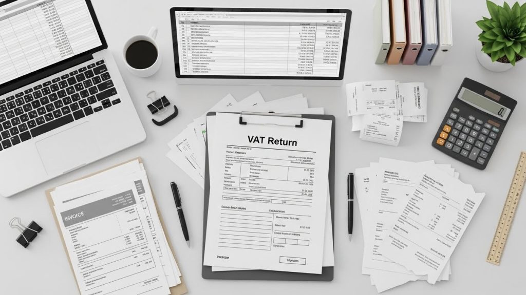 Business finance concept showing organised paperwork and accounting tools in a modern office to calculate VAT