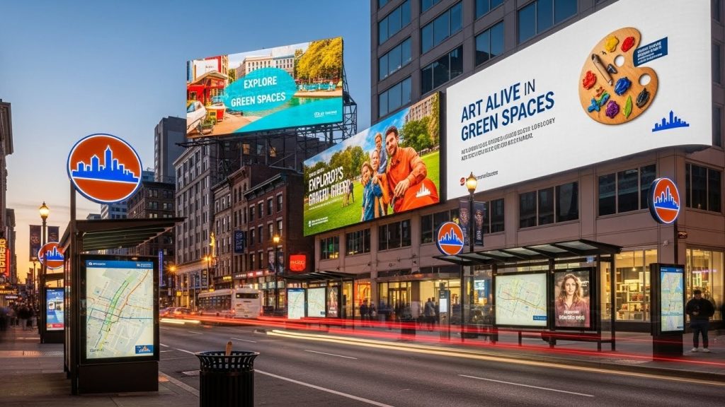 City Branding Signs: How Exterior Signage Shapes Urban Identity and Tourism 1 Outdoor advertising aligned with city branding signs on a busy urban street