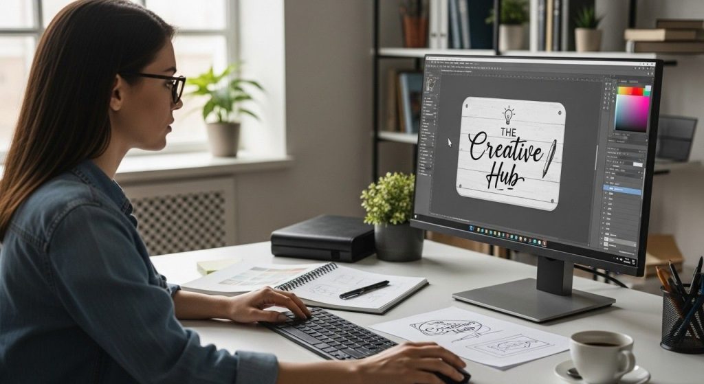 Personalised Signs That Make Your Business Stand Out in 2026 2 Graphic designer creating a personalised sign using design software on a computer system inside an office.