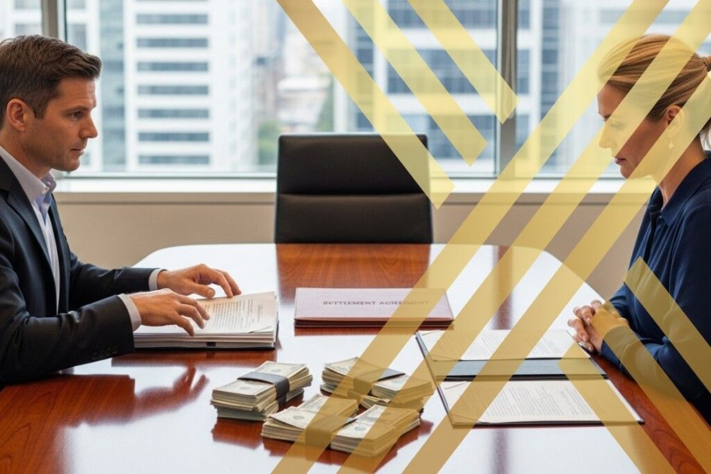 Two persons sitting on opposite sides of a table with some money and documents on table, representing court-approved financial agreements after divorce.