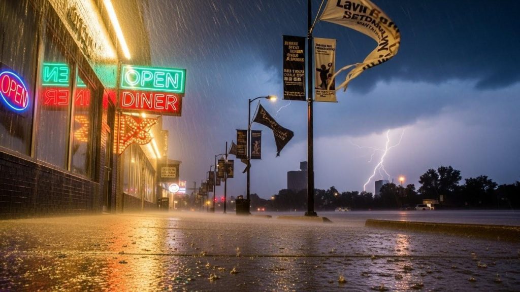 How Weather Conditions Impact Outdoor Signage Lifespan 2 stormy weather scene with heavy rain impacting various outdoor structures, including illuminated signs and vinyl banners.