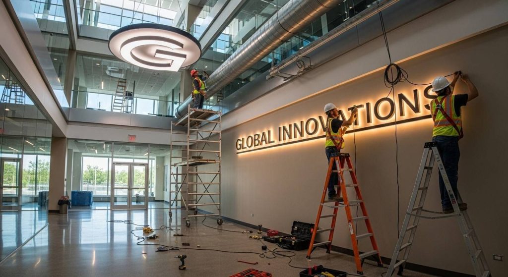 Multi-Floor Signage: Best Practices for Large Commercial Buildings 1 (Digital multi-floor signage screen displaying interactive maps and floor directories for building visitors in a commercial building.)multi-floor signage