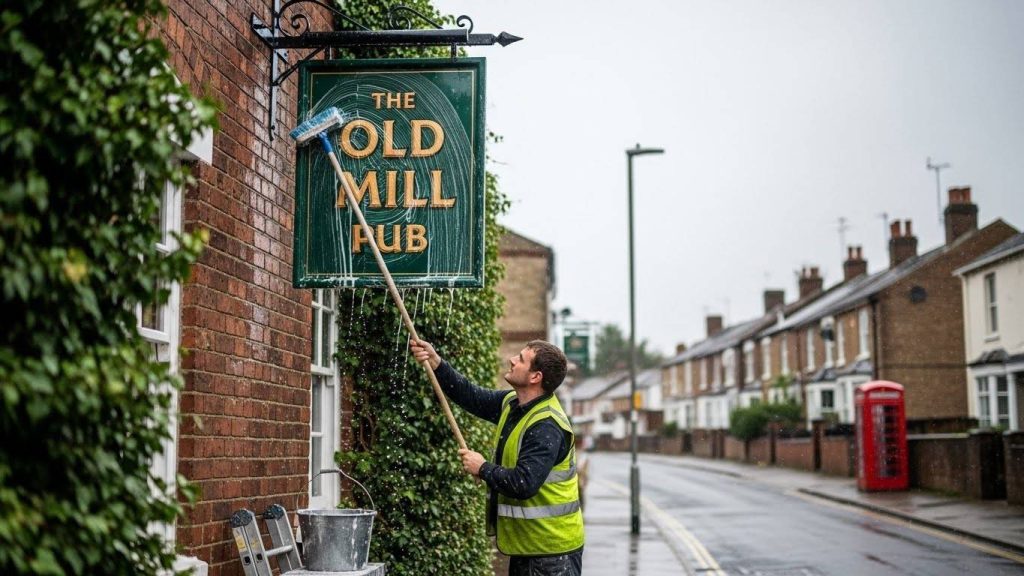 Common Outdoor Signage Mistakes Businesses Should Avoid 2 A worker cleaning and maintaining an outdoor business sign in the UK street.