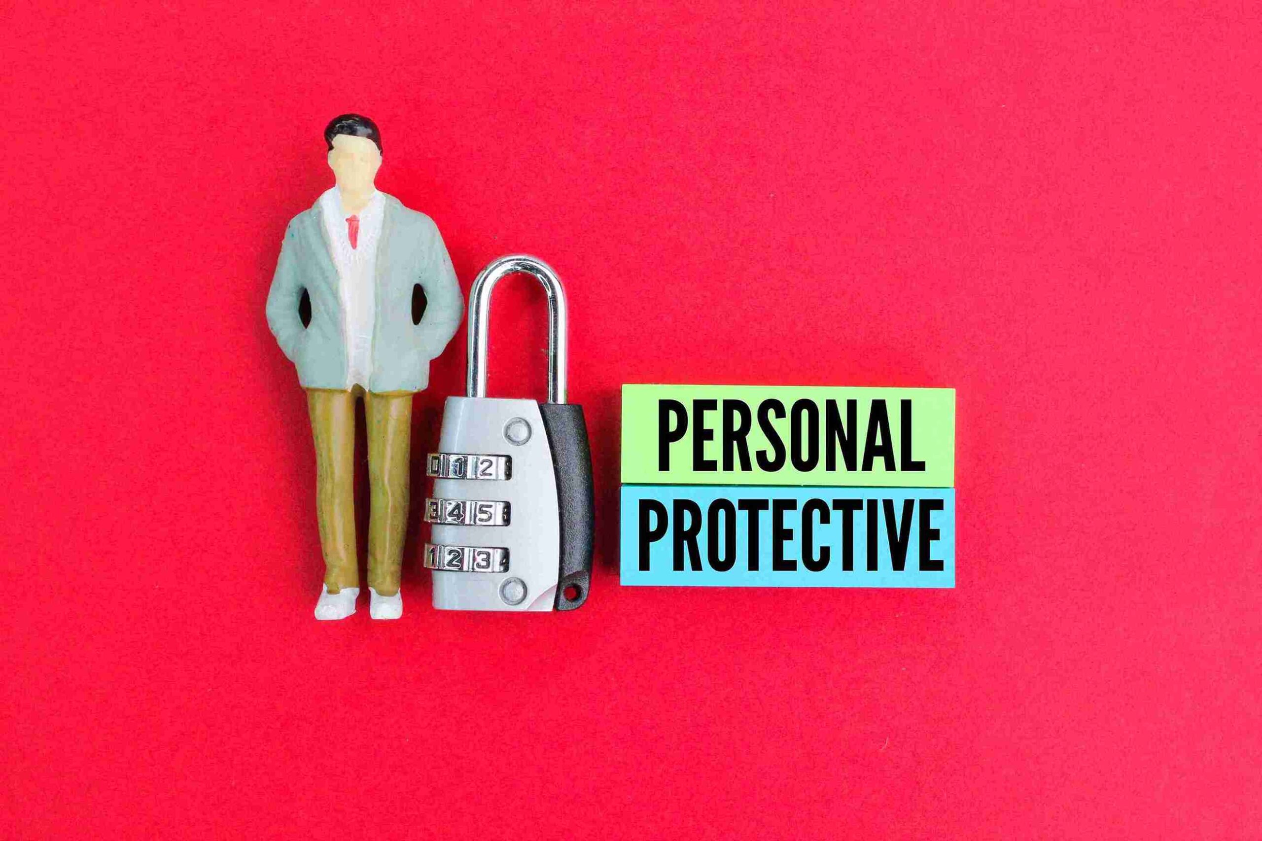 A small figurine in a suit stands next to a combination padlock and the words Personal Protective for future on colored paper, all on a red background.