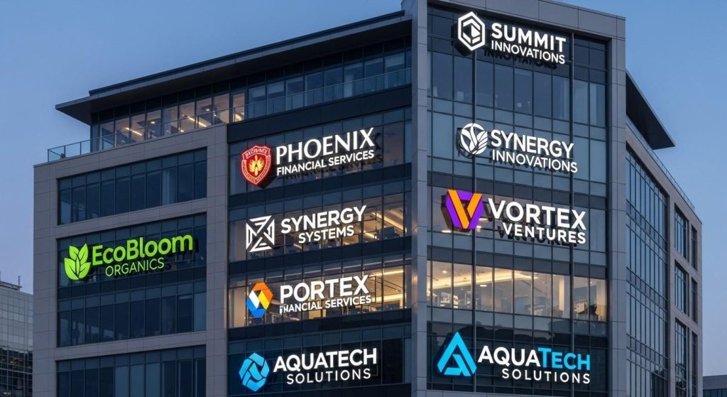 Multi-Floor Signage: Best Practices for Large Commercial Buildings 1 Branded signage displaying different company logos and colours on each floor of a multi-storey commercial building.